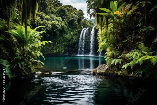 A scenic view of Waitangi waterfalls surrounded by lush green tropical leaves, falling into a pool in the Omeru scenic reserve. Generative AI © Ayub