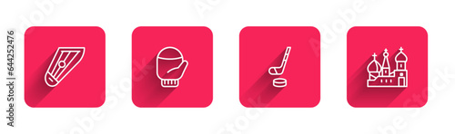 Set line Kankles, Christmas mitten, Ice hockey stick and puck and Saint Basil's Cathedral with long shadow. Red square button. Vector