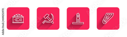 Set line Tin can with caviar, Hammer and sickle USSR, Slavic pagan idol and Kankles with long shadow. Red square button. Vector