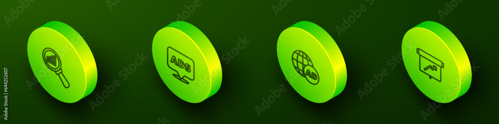 Set Isometric line Magnifying glass and analysis, Advertising, and Board with graph chart icon. Vector Set Isometric line Magnifying glass and analysis, Advertising, and Board with graph chart icon. Vector