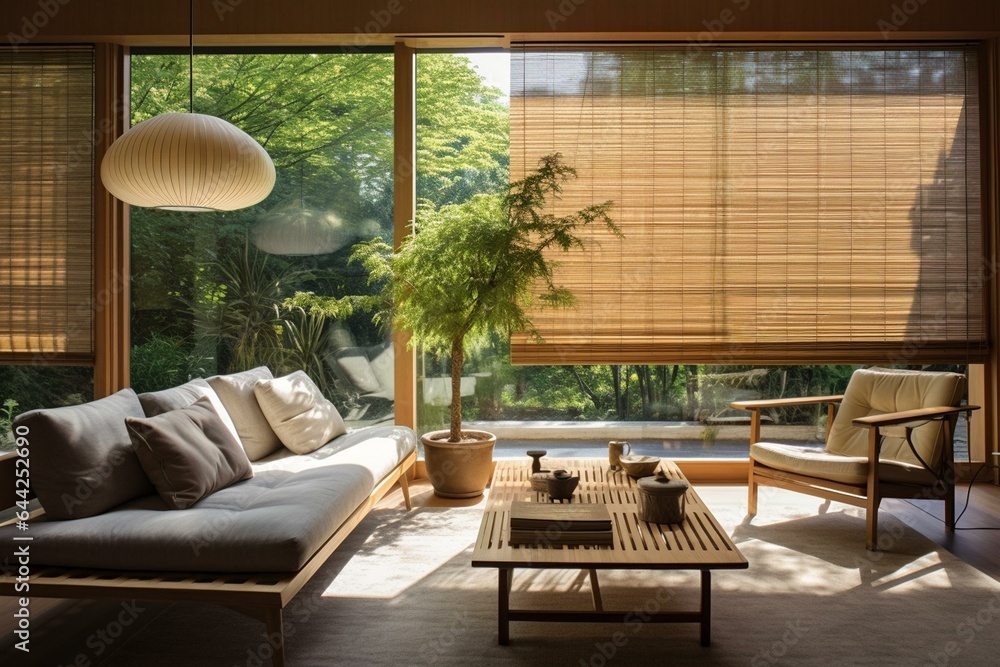 Modern living room with natural vibe, wooden wall, sunlit by blinds. Generative AI