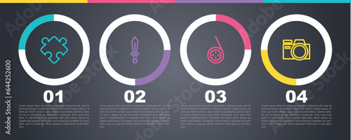 Set line Puzzle pieces toy, Sword, Yoyo and Photo camera. Business infographic template. Vector