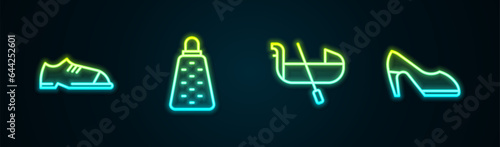 Set line Men shoes, Grater, Gondola and Woman. Glowing neon icon. Vector