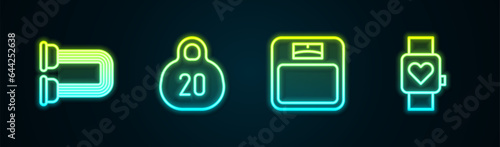Set line Chest expander, Kettlebell, Bathroom scales and Smart watch. Glowing neon icon. Vector