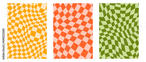 Groovy checkerboard background set. Colorful retro wavy checkered pattern collection. Vintage psychedelic distorted gingham wallpapers. Yellow, red, green funky twisted cage backdrop. Vector pack