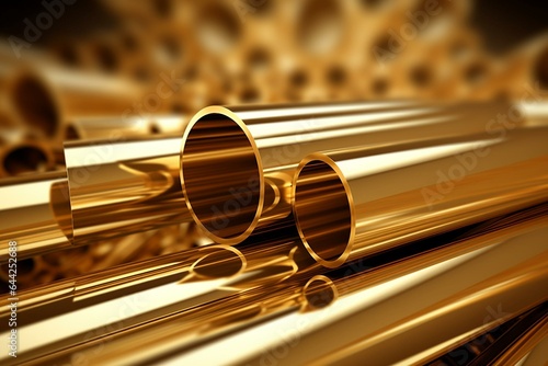 Arrangement of gold metal tubes stacked on a 3D illustrated background. Generative AI photo