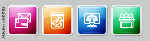 Set line Envelope, Evidence bag and bullet, Scales of justice and Jurors. Colorful square button. Vector
