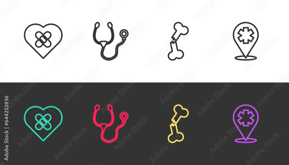 Set line Healed broken heart, Stethoscope, Human bone and Location with cross hospital on black and white. Vector Set line Healed broken heart, Stethoscope, Human bone and Location with cross hospital on black and white. Vector