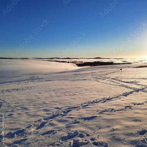 The concept of relaxing in the mountains in winter in the snow on skis  snowboards or sleds  walking under the setting sun at sunset on the Wasserkuppe mountain in Hesse Germany