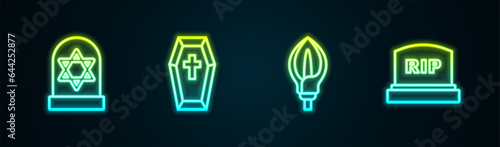 Set line Grave with star of david, Coffin cross, Lily flower and Tombstone RIP written. Glowing neon icon. Vector