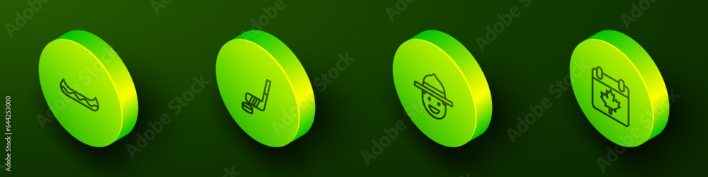 Set Isometric line Kayak, Ice hockey stick and puck, Canadian ranger hat and Canada day with maple leaf icon. Vector Set Isometric line Kayak, Ice hockey stick and puck, Canadian ranger hat and Canada day with maple leaf icon. Vector