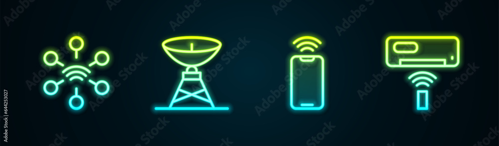 Fototapeta premium Set line Network, Satellite dish, Mobile with wi-fi wireless and Air conditioner. Glowing neon icon. Vector