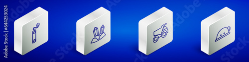 Set Isometric line Dynamite, Gem stone, Mining dump truck and Miner helmet icon. Vector