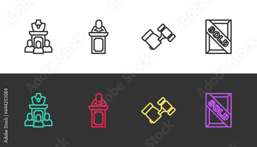 Set line Auction jewelry sale, auctioneer sells, hammer and painting sold on black and white. Vector