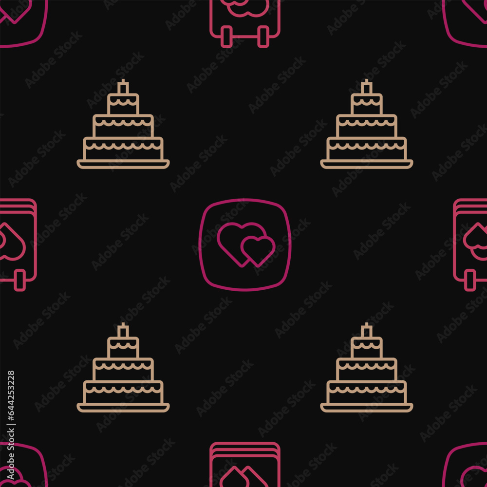 Set line Calendar with heart, Wedding cake and Heart on seamless pattern. Vector