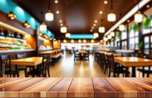 Blurred background of a cafe with wooden table and lights. High quality photo.