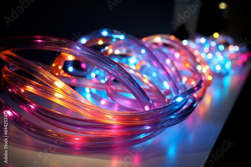 A cable made of glass or plastic fibers that transmit information as light signals. Generative AI