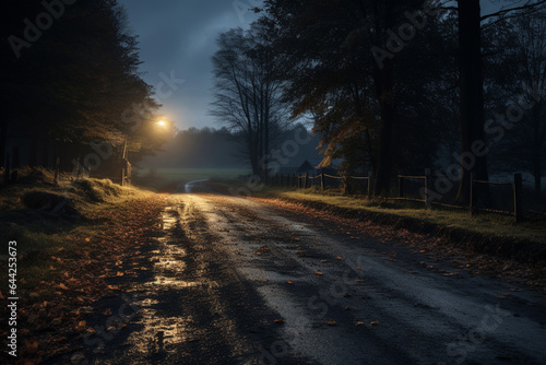 View down a country road at dusk.