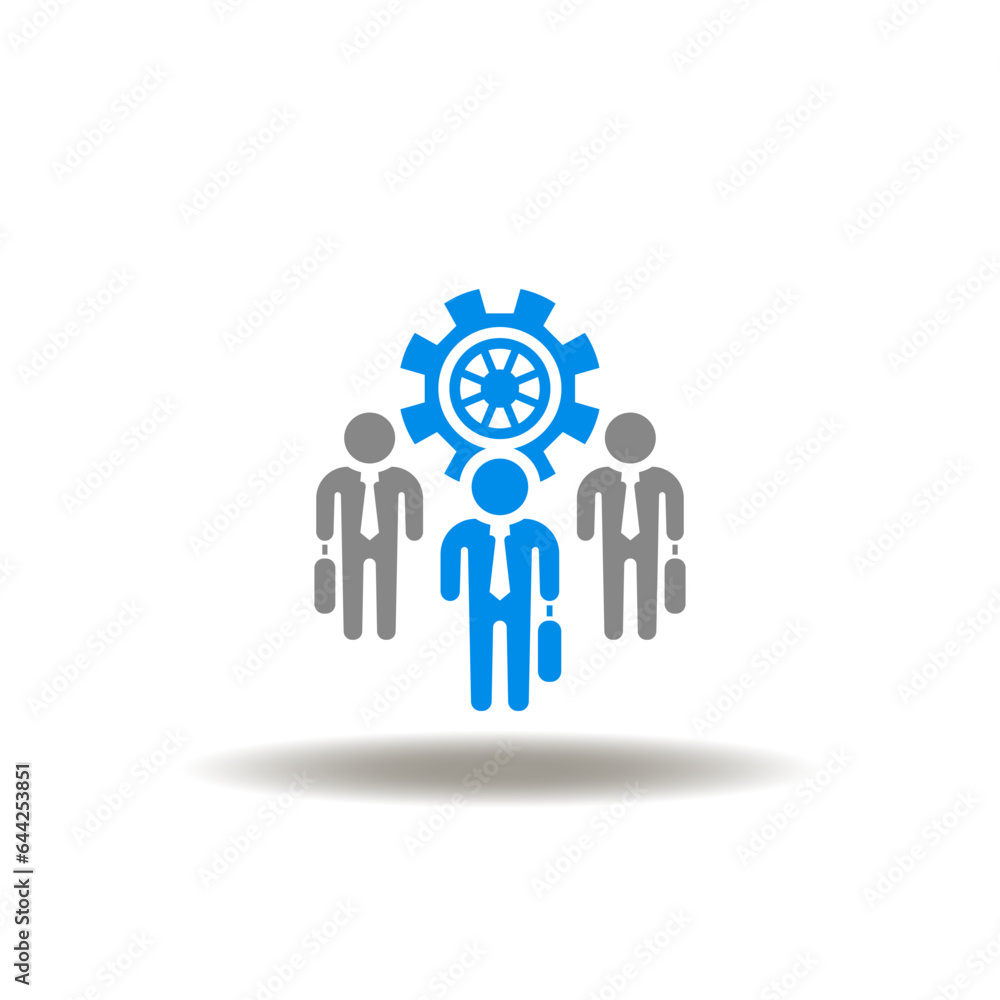 Vector illustration of team or group businessman with gear wheel. Icon of BDC Business Development Company. Symbol of collaboration, teamwork. Sign of work organization. Vector illustration of team or group businessman with gear wheel. Icon of BDC Business Development Company. Symbol of collaboration, teamwork. Sign of work organization.