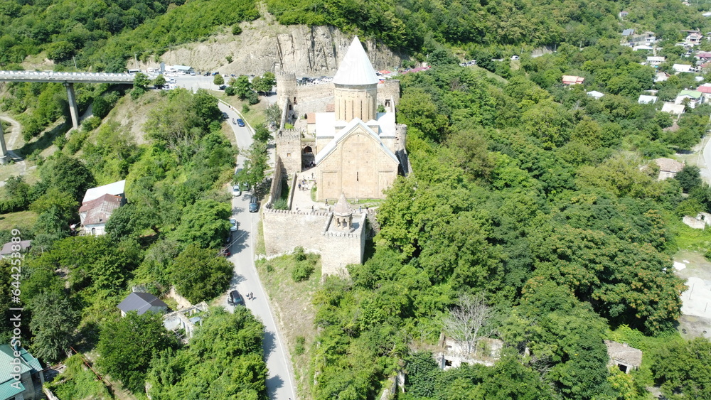 A drone shot of Anunari Fortress in Eastern Georgia