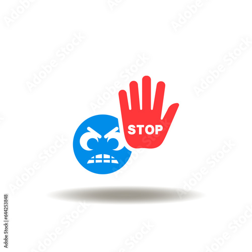 Vector illustration of angry emoji face and hand gesture of stop. Icon of stop bullying. Symbol of no aggression, abuse, harassment, violence. Sign of complaint.