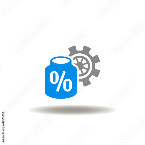 Vector illustration of jar with percent and gear wheel. Icon of tax benefits. Symbol ofinvestment, retirement.