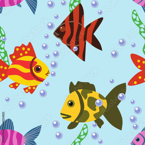 Colorful fishes. Repeating pattern on a blue background. Algae  bubbles. 