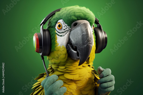 Cartoon parrot enjoining music in headset. 3d rendering