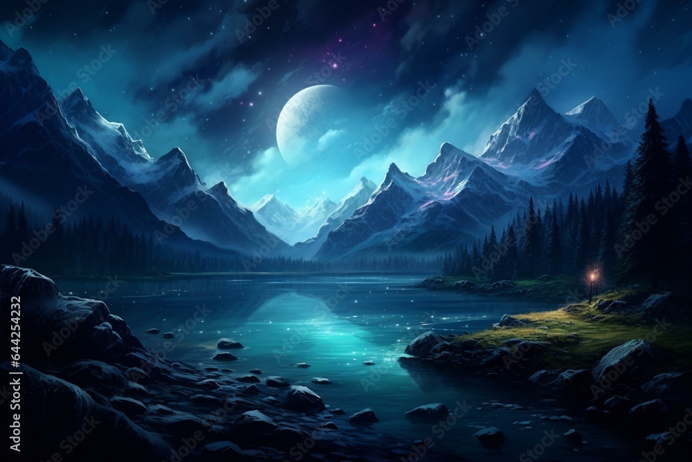 Serene nocturnal landscape with a river and mountains. Generative AI