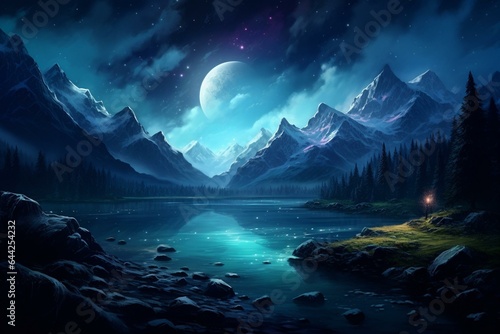 Serene nocturnal landscape with a river and mountains. Generative AI