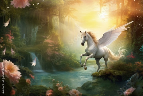 A mystical scene of a white unicorn and pegasus amid a magical forest. Generative AI
