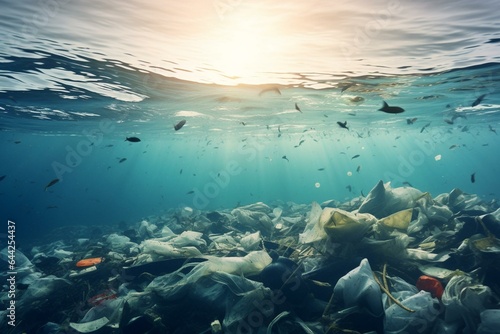 Illustration of plastic garbage polluting the ocean. Generative AI © Lysandra