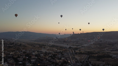 A drone shot of the Sunset Hot Air Balloon Launches in Cappadocia