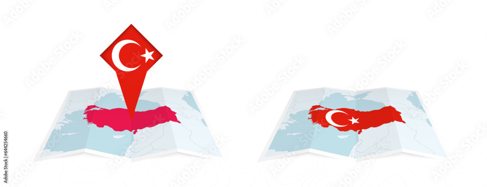 Two versions of an Turkey folded map, one with a pinned country flag ...