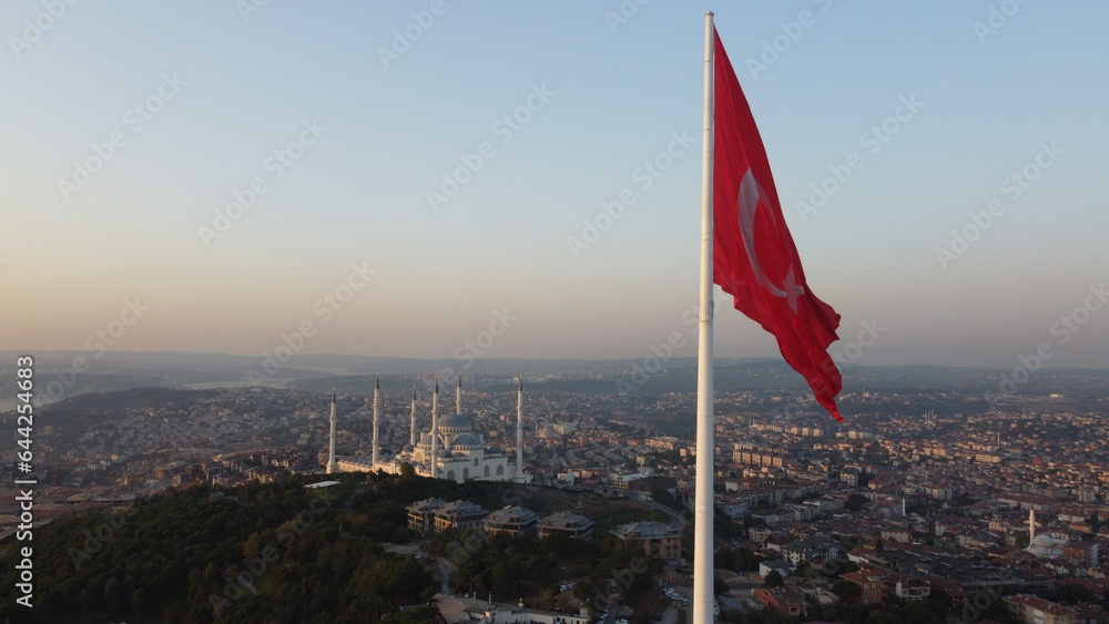A drone shot of the Camlica Flagpole and Mosque, Istanbul