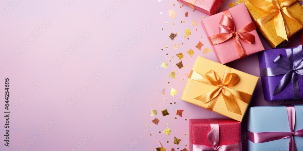 Flat Top view Gift box for birthday, festive anniversary, happy Valentine's day and wedding, gift presents for black Friday sale. Christmas and New Year gift boxes surprise. soft colors Flat Top view Gift box for birthday, festive anniversary, happy Valentine's day and wedding, gift presents for black Friday sale. Christmas and New Year gift boxes surprise. soft colors