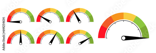 Colorful level meter indicator from empty to full. Color scale vector illustration to use in business, risk management, dashboard, technology quality indicator. 