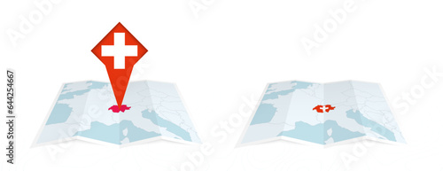 Two versions of an Switzerland folded map, one with a pinned country flag and one with a flag in the map contour. Template for both print and online design.