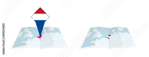 Two versions of an Netherlands folded map, one with a pinned country flag and one with a flag in the map contour. Template for both print and online design.