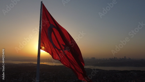 Photography A drone shot of the Camlica Flagpole, Istanbul at sunset.