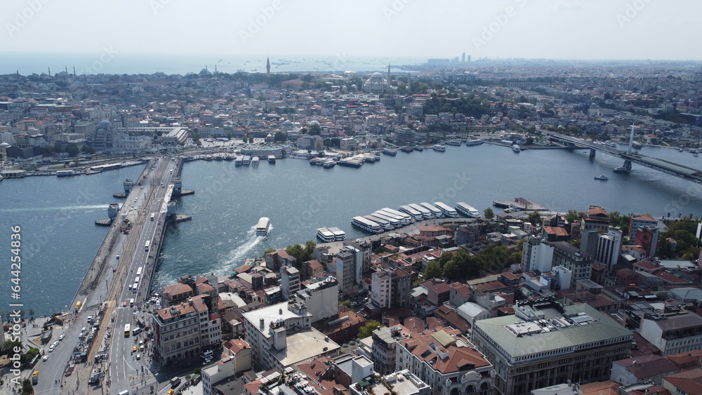 A drone shot of the Galata Bridge, looking south to the Eminönü district
