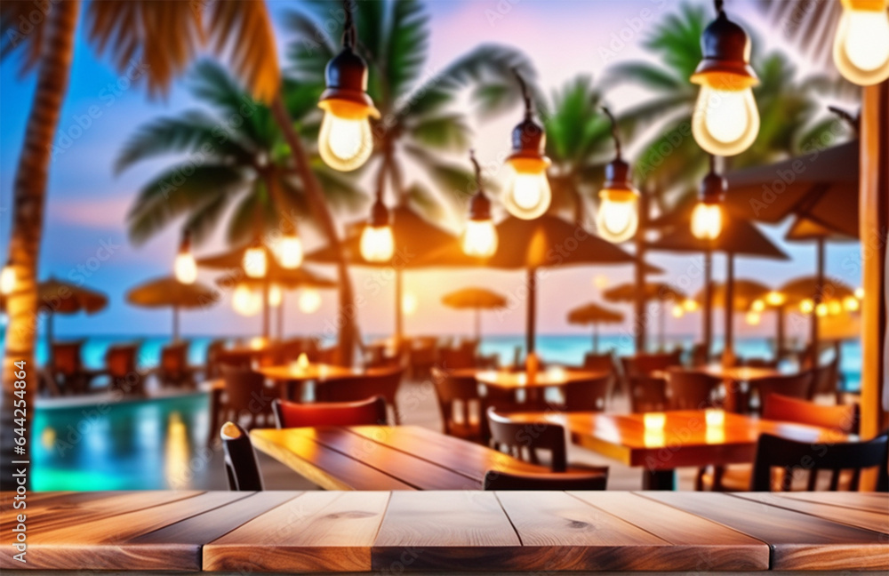 Blurred background of a beach cafe with wooden table and lights. High quality photo.