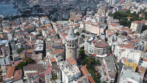 A drone shot of the Galata Tower and surrounding neighbourhood and small streets, Istanbul