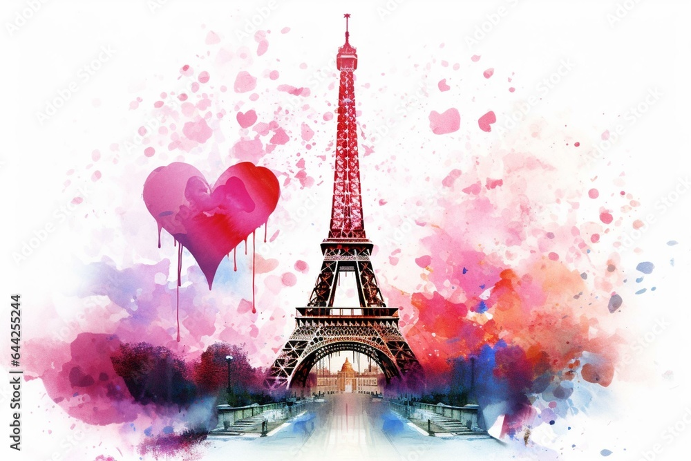 Colorful watercolor artwork depicting the iconic Eiffel Tower alongside a heart shape. Generative AI