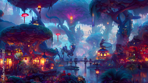 Discover the Beauty of Mythical Beings in an Enchanted Garden of Lanterns.