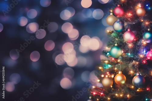 New Year, Christmas tree decorated with toys on a blurred bokeh background. Christmas mood.