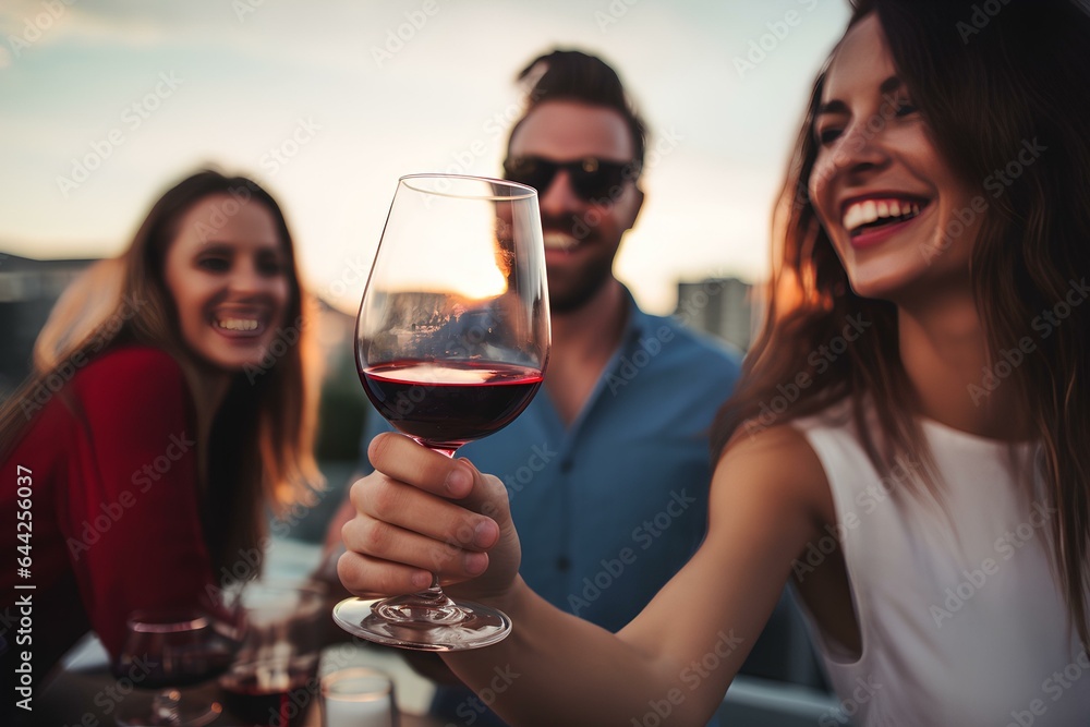 Happy friends clinking red wine glasses on rooftop dinner party. Food and beverage lifestyle concept with guys and girls dining outdoor. generative AI