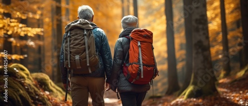Elderly couple hiking with backpacks