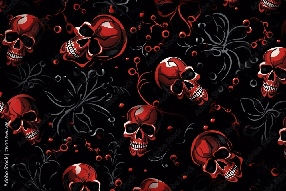 A spooky seamless pattern with red and black skulls and bones, ideal for digital scrapbooking, set on a black background. Generative AI