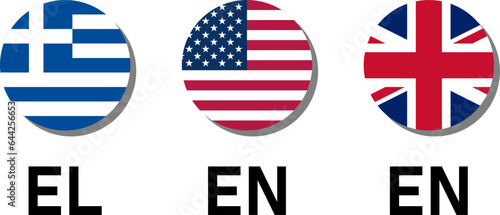 Round Flag Selection Button Badge Icon Set with Greece USA United States of America and UK United Kingdom or Great Britain Flags for Greek American English and British English Language. Vector Image.